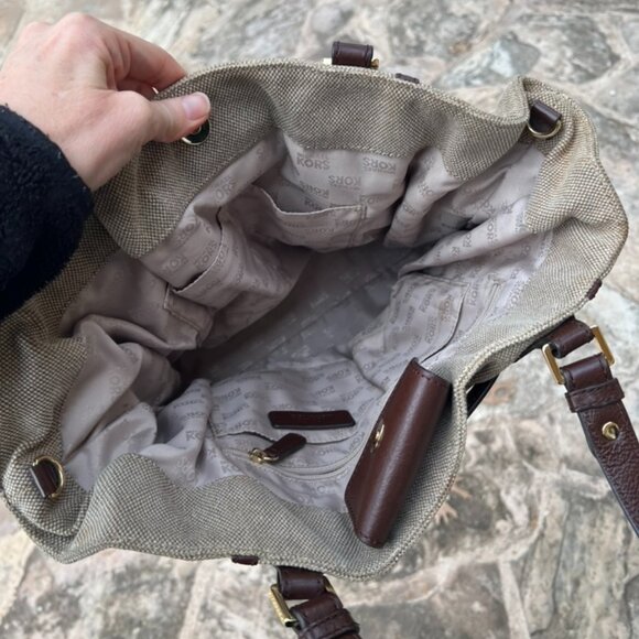 MICHAEL KORS Gansevoort Natural Hemp Canvas Mocha Brown Leather Shoulder Bag - Picture 4 of 9